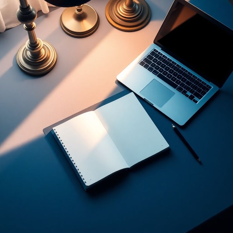 Pracovní stůl s notebookem a poznámkovým blokem v indigovém tónu