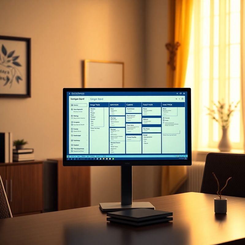 Kanban board na monitoru v moderní kanceláři